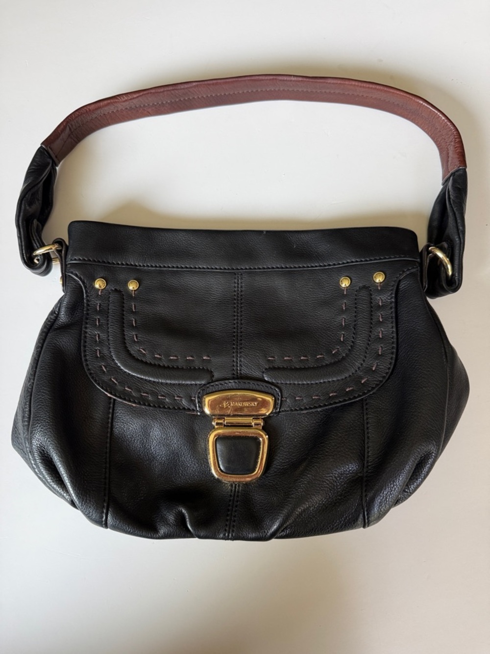 b. makowsky Black Leather Shoulder Bag with Gold Hardware and Brown Strap Accent